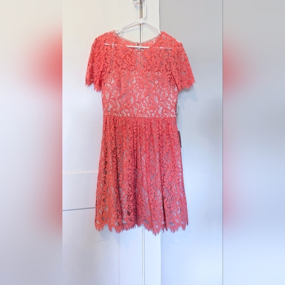 Eliza J Womens Cocktail Dress Size 10 Coral Lace Fit Flare Swing Wedding Guest - Picture 1 of 6